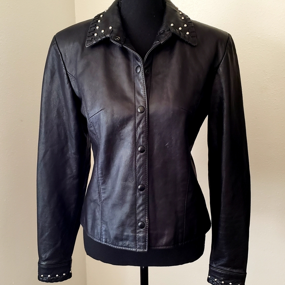Vintage Chrome Studded Leather Moto Jacket Fitted Shirt Whip Stitch Basham 6
